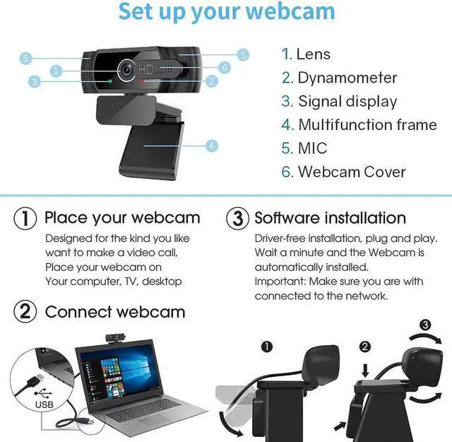 Alt view image 7 of 7 - Tw6 Webcam with Microphone, 1080P Full HD Computer Camera for PC with Cover, Expandable Tripod, USB Web Camera with Cover for Video Calls, Streaming, Skype, Zoom, Teleconference Gray / Black