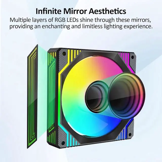 Alt view image 6 of 7 - 120mm Infinity Mirror ARGB Fan 5V 3Pin Addressable RGB PWM PC Computer CPU Case Cooling Fan 600-1800RPM Black 6-Pack