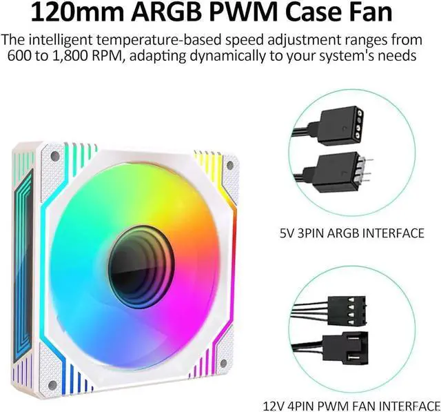 Alt view image 7 of 7 - 120mm Infinity Mirror ARGB Fan 5V 3Pin Addressable RGB PWM PC Computer CPU Case Cooling Fan 600-1800RPM White 6-Pack