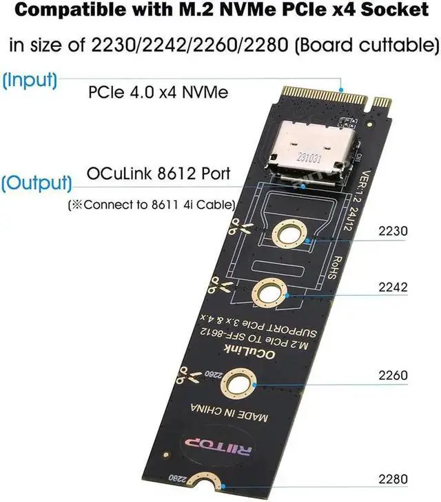 Alt view image 3 of 7 - NVMe to Oculink SFF-8612 Adapter, RIITOP M.2 NVMe PCIe 4.0 x4 to OCuLink SFF-8611 4i Host Adapter for eGPU and SSD
