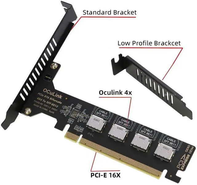 Alt view image 5 of 7 - PCIE Oculink Adapter Card, RIITOP PCI-e Express 16x to Quad OCuLink SFF-8612 SFF-8611 Internal VROC Raid0 Adapter for U.2 SSD eGPU External Graphics Card Dock