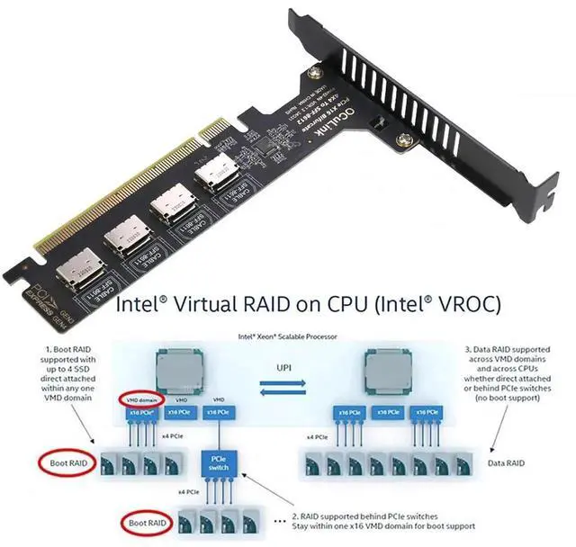 Alt view image 4 of 7 - PCIE Oculink Adapter Card, RIITOP PCI-e Express 16x to Quad OCuLink SFF-8612 SFF-8611 Internal VROC Raid0 Adapter for U.2 SSD eGPU External Graphics Card Dock