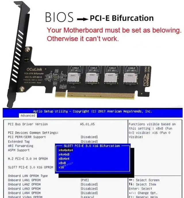 Alt view image 2 of 7 - PCIE Oculink Adapter Card, RIITOP PCI-e Express 16x to Quad OCuLink SFF-8612 SFF-8611 Internal VROC Raid0 Adapter for U.2 SSD eGPU External Graphics Card Dock