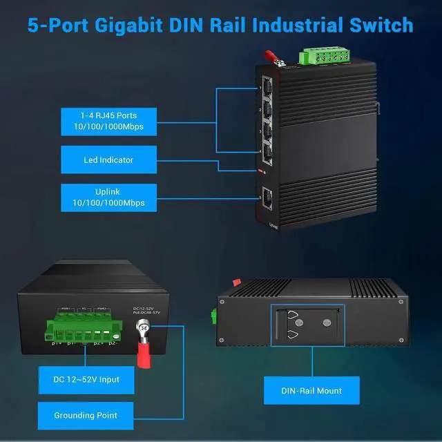 Alt view image 5 of 5 - 5-Port Gigabit Industrial Ethernet Switch, 10Gbps Switching Capacity, IP40 Rated Unmanaged Din Rail Network Switch, Opearting Temperature Range of (-40 to 185F) with One Power Supply