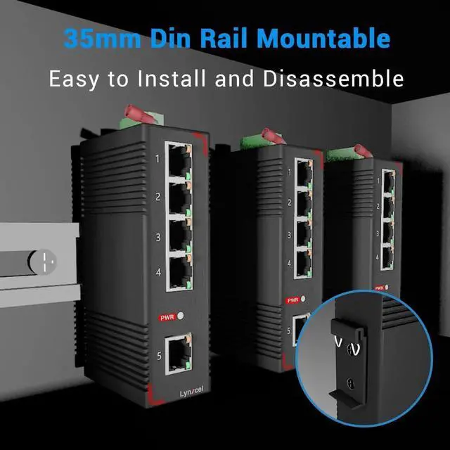 Alt view image 4 of 5 - 5-Port Gigabit Industrial Ethernet Switch, 10Gbps Switching Capacity, IP40 Rated Unmanaged Din Rail Network Switch, Opearting Temperature Range of (-40 to 185F) with One Power Supply