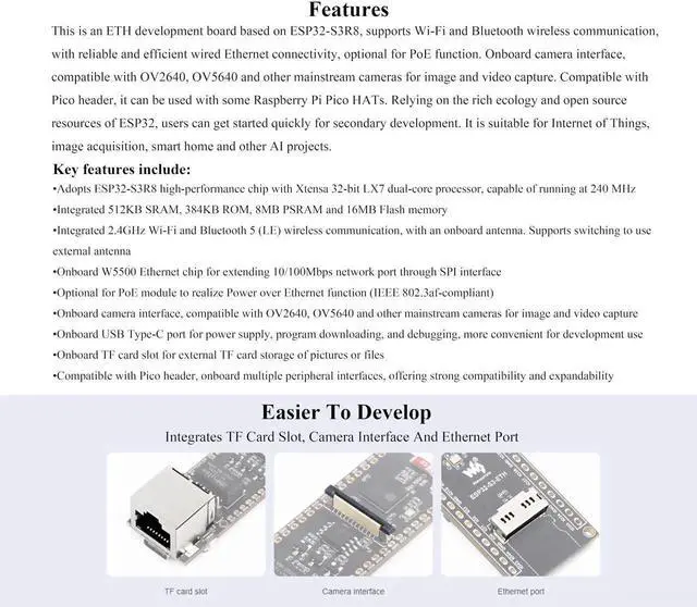 Alt view image 5 of 5 - ESP32-S3 Ethernet Development Board, Support Wi-Fi & Bluetooth,10/100Mbps RJ45 ETH Port Ethernet Communication, 240MHz Dual Core Processor, Onboard Type-C Port and TF Card Slot, with PoE Module