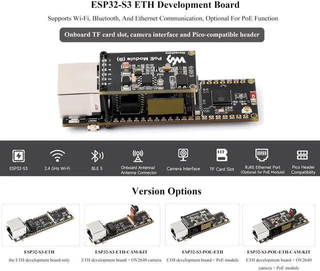 Alt view image 3 of 5 - ESP32-S3 Ethernet Development Board, Support Wi-Fi & Bluetooth,10/100Mbps RJ45 ETH Port Ethernet Communication, 240MHz Dual Core Processor, Onboard Type-C Port and TF Card Slot, with PoE Module