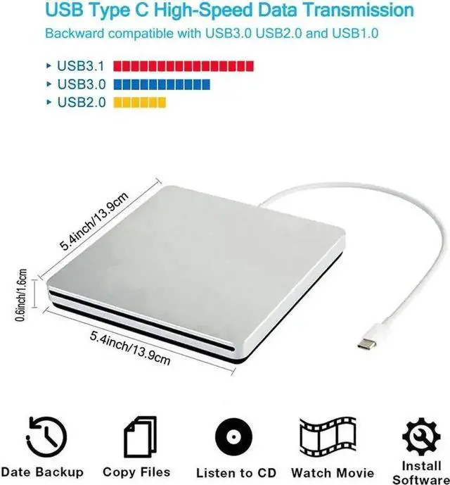 Alt view image 2 of 7 - USB-C Superdrive External DVD/CD Reader and DVD/CD Burner for Apple-MacBook Air/Pro/iMac/Mini/MacBook Pro/ASUS/ASUS/DELL Latitude with USB-C Port Plug and Play(Silver)