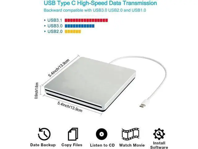 Alt view image 2 of 7 - USB-C Superdrive External DVD/CD Reader and DVD/CD Burner for Apple-MacBook Air/Pro/iMac/Mini/MacBook Pro/ASUS/ASUS/DELL Latitude with USB-C Port Plug and Play(Silver)