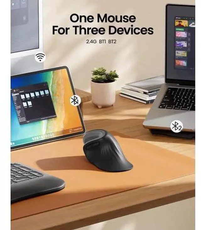 Alt view image 2 of 5 - ProtoArc Ergonomic Vertical Mouse, EM11 NL Rechargeable Wireless Mouse Bluetooth, Ergo Mice with 3 Multi-Device for PC/Notebook/Laptop, 2.4GHz Optical Mice for Windows, Mac OS, Gray