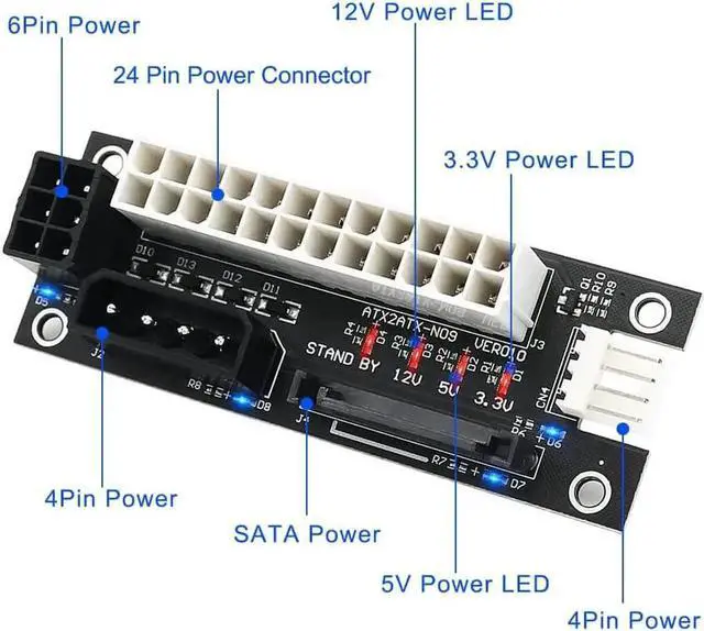 Alt view image 4 of 6 - ADD2PSU Power Supply Connector 4 in 1 Molex 4Pin/SATA/ATX 6Pin/4Pin Dual PSU Multiple Power Supply Adapter, Synchronous Power Board, Add 2PSU with Power LED (Black)