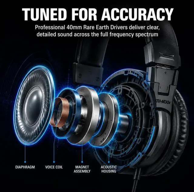 Alt view image 3 of 6 - Audio-Technica ATH-M30x Closed-Back Headphones, Foldable Over-Ear Wired Studio Headphones, Professional Reference Headphones for Recording Mixing & Music Production