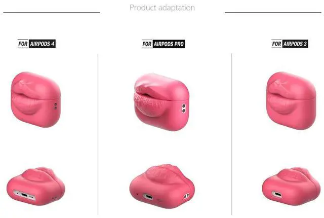 Alt view image 3 of 6 - 3D Pink Lips Silicone Case for AirPods Pro 2 / AirPods Pro / AirPods 3, Cute Funny Soft Protective Cover, Novelty Gift for Women Girls
