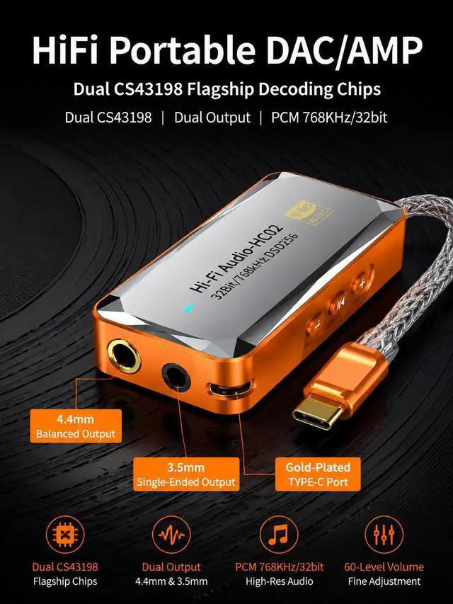 Alt view image 4 of 7 - Portable USB-C DAC/Amp Dongle Dual CS43131 Chips, 4.4mm Balanced + 3.5mm Output, 32bit/384kHz DSD256, for Android/iPhone 15/PC/Laptop