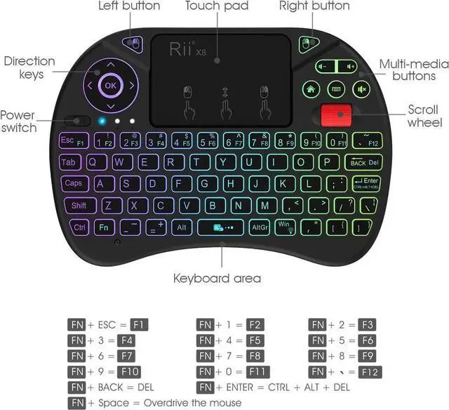 Alt view image 6 of 7 - Mini Keyboard,Rii X8 Portable 2.4GHz Mini Wireless Keyboard Controller with Touchpad Mouse Combo,8 Colors RGB Backlit,Rechargeable Li-ion Battery for Google Android TV Box, PS3, PC, Pad,Nvidia Shield