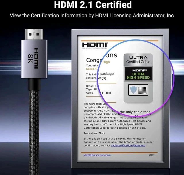 Alt view image 2 of 7 - 8K HDMI 2.1 Cable 48Gbps Certified Ultra High Speed HDMI Cord Aluminum, 4K@240Hz 120Hz 10K 8K@60Hz, HDCP 2.2&2.3, eARC HDR 10 Dolby Compatible with PS5/Blu-ray/Roku TV/Switch 2/Mac mini 1.6FT 33FT