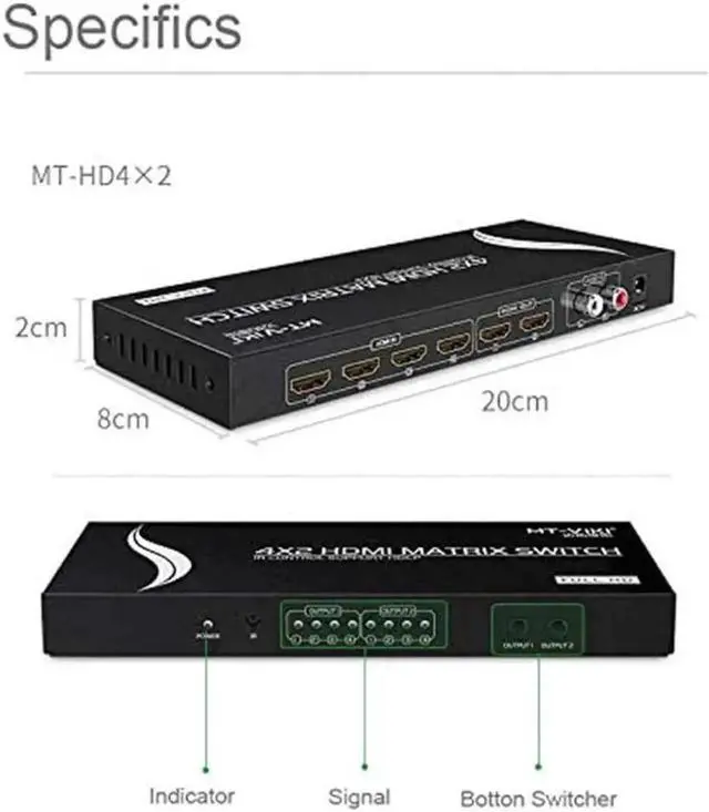 Alt view image 6 of 7 - HDMI Matrix 4x2, MT-VIKI HDMI Matrix Switch 4 in 2 out Splitter with 3.5mm Stereo L/R RCA Audio & IR Remote Control