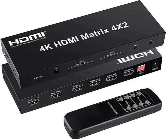 Main image of 4x2 HDMI Matrix Switch,4 in 2 Out Matrix HDMI Video Switcher Splitter +Optical & L/R Audio Output, Support Ultra HD 4K x 2K,3D 1080P, Audio EDID Extractor with IR Remote Control & Power Adapter