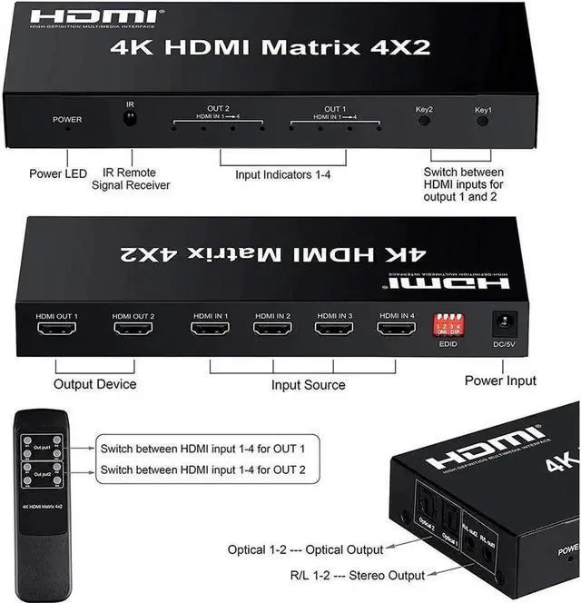 Alt view image 7 of 7 - 4x2 HDMI Matrix Switch,4 in 2 Out Matrix HDMI Video Switcher Splitter +Optical & L/R Audio Output, Support Ultra HD 4K x 2K,3D 1080P, Audio EDID Extractor with IR Remote Control & Power Adapter