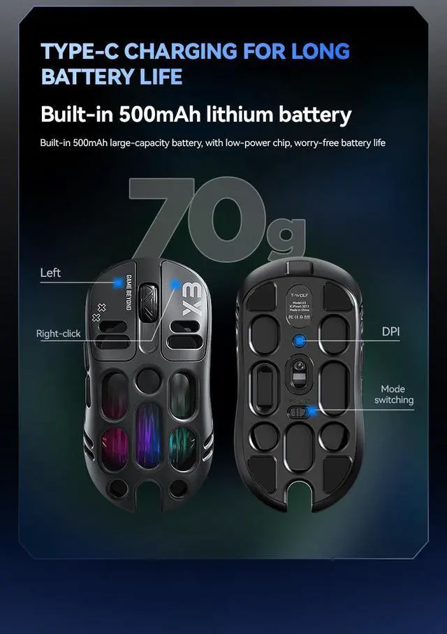 Alt view image 5 of 7 - Wireless Gaming Mouse - Tri-Mode (2.4GHz/Bluetooth/Wired) RGB Lightweight Mouse with Honeycomb Shell, 16000 DPI, Rechargeable for PC/Mac/Laptop white