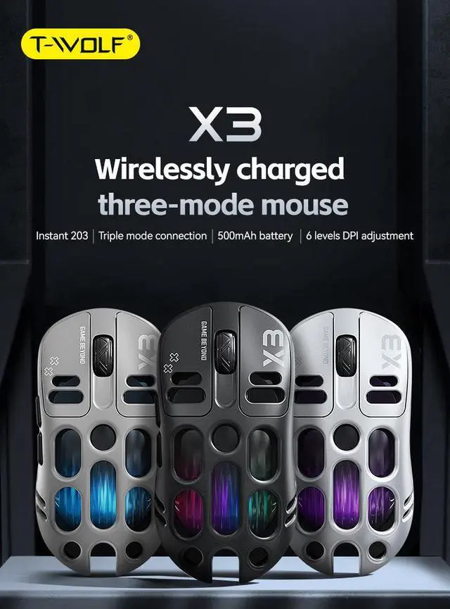 Alt view image 2 of 7 - Wireless Gaming Mouse - Tri-Mode (2.4GHz/Bluetooth/Wired) RGB Lightweight Mouse with Honeycomb Shell, 16000 DPI, Rechargeable for PC/Mac/Laptop Silver