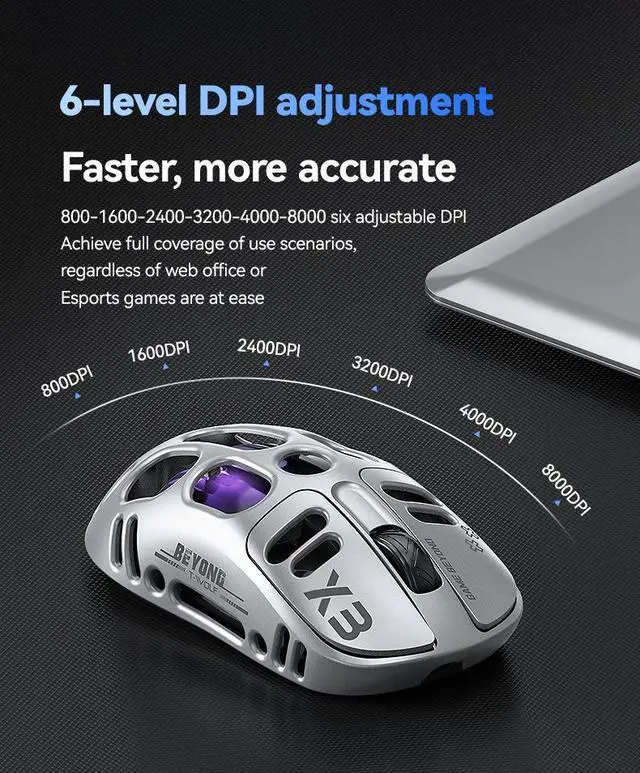 Alt view image 5 of 7 - Wireless Gaming Mouse - Tri-Mode (2.4GHz/Bluetooth/Wired) RGB Lightweight Mouse with Honeycomb Shell, 16000 DPI, Rechargeable for PC/Mac/Laptop Silver