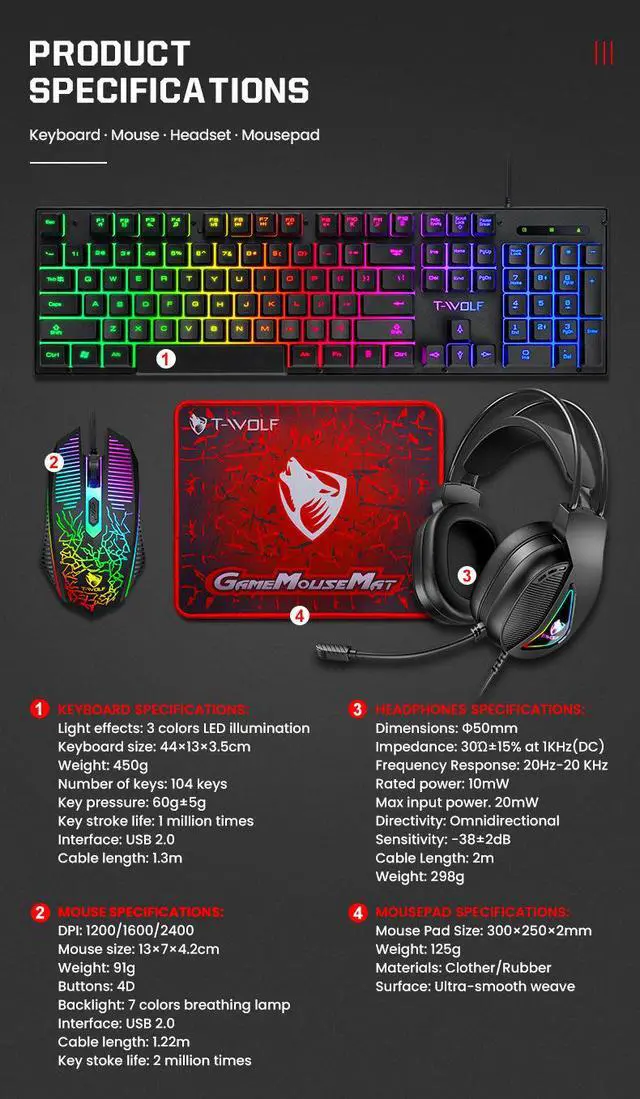 Alt view image 7 of 7 - TF400 4-in-1 Gaming Keyboard Mouse Headset Combo - RGB LED Backlit Keyboard, Gaming Mouse, Headset & Mouse Pad Set for PC Gamer
