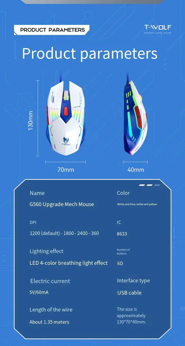 Alt view image 3 of 7 - G560 Wired Gaming Mouse - RGB LED Backlit Mechanical Ergonomic Mouse, Blue Armor Design PC Gaming Mouse for Computer Gamer Blue