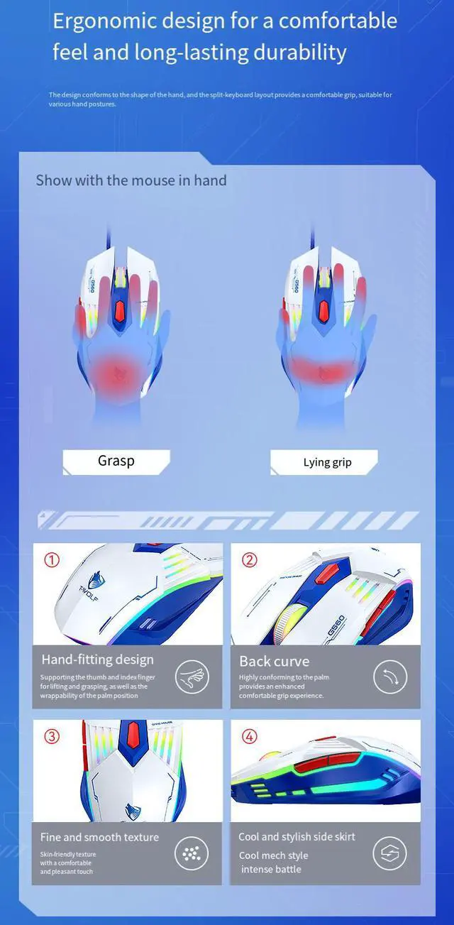 Alt view image 5 of 7 - G560 Wired Gaming Mouse - RGB LED Backlit Mechanical Ergonomic Mouse, Blue Armor Design PC Gaming Mouse for Computer Gamer Blue