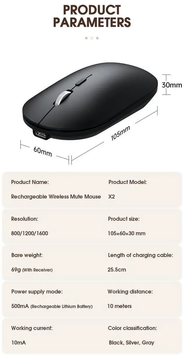 Alt view image 6 of 7 - X2 Dual Mode Wireless Mouse - Bluetooth & 2.4GHz Rechargeable Silent Mouse with Type-C Charging, Portable Computer Mouse for Laptop Tablet PC