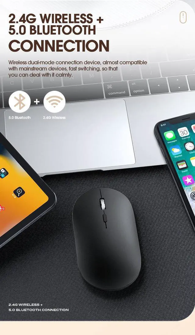 Alt view image 6 of 7 - X2 Dual Mode Wireless Mouse - Bluetooth & 2.4GHz Rechargeable Silent Mouse with Type-C Charging, Portable Computer Mouse for Laptop Tablet PC Grey