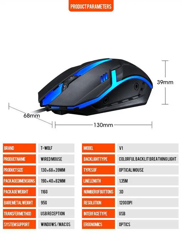 Alt view image 3 of 7 - V1 Wired Gaming Mouse - RGB LED Backlit USB Computer Mouse, Ergonomic Optical Mouse for Laptop Desktop PC Gamer