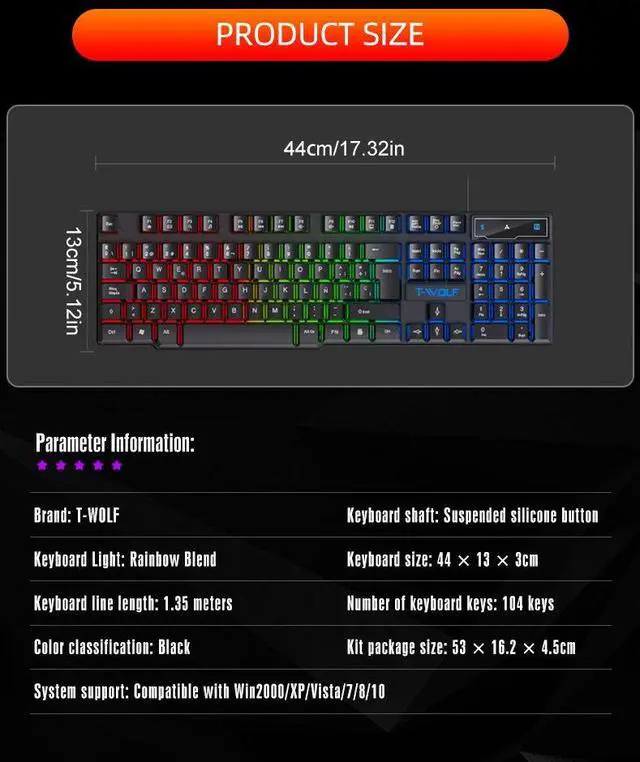 Alt view image 4 of 7 - T20 Gaming Keyboard - 104 Keys Mechanical Feel Wired Keyboard, RGB Backlit Floating Keycap Quiet Membrane Keyboard for PC Gamer