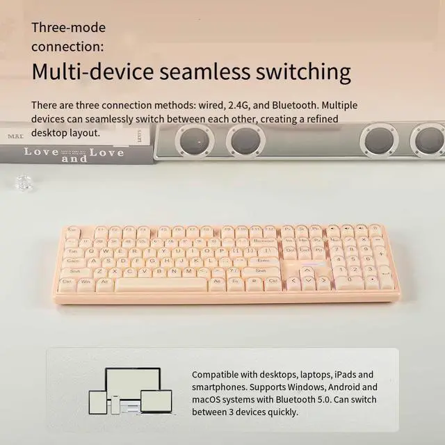Alt view image 3 of 7 - IP108 Tri-Mode Wireless Keyboard - Mechanical Feel Bluetooth Keyboard with Cream Beige Design, RGB Backlit Office Keyboard for PC Laptop