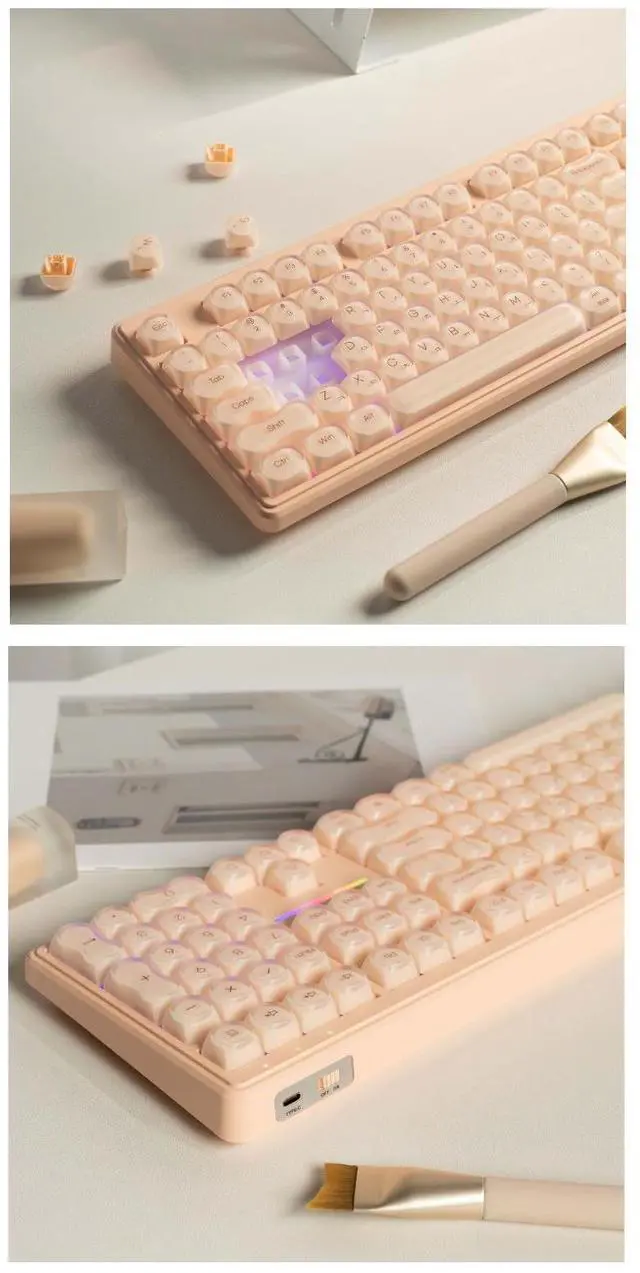Alt view image 7 of 7 - IP108 Tri-Mode Wireless Keyboard - Mechanical Feel Bluetooth Keyboard with Cream Beige Design, RGB Backlit Office Keyboard for PC Laptop