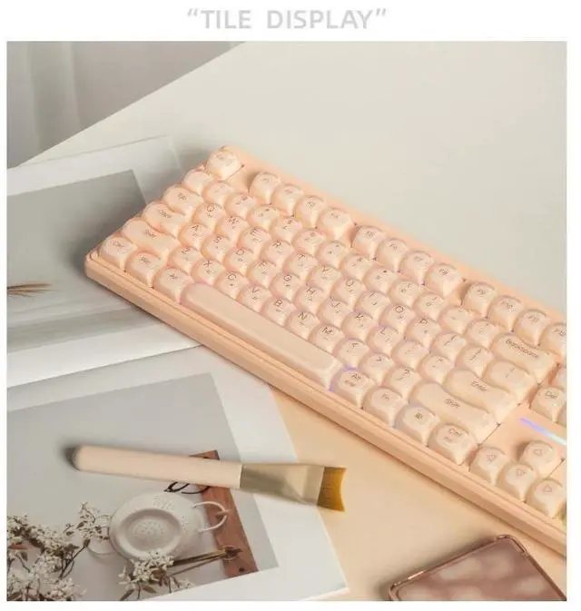 Alt view image 6 of 7 - IP108 Tri-Mode Wireless Keyboard - Mechanical Feel Bluetooth Keyboard with Cream Beige Design, RGB Backlit Office Keyboard for PC Laptop