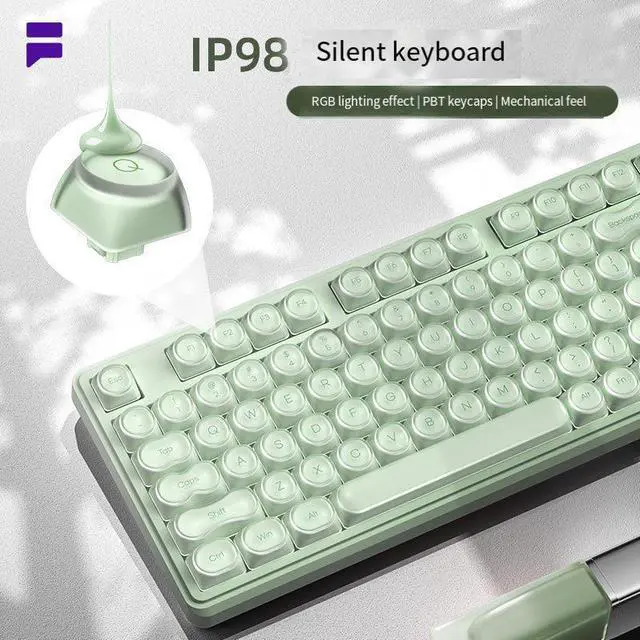 Alt view image 4 of 4 - IP108 Tri-Mode Wireless Keyboard - Mechanical Feel Bluetooth Keyboard with Cream Beige Design, RGB Backlit Office Keyboard for PC Laptop Sage Green