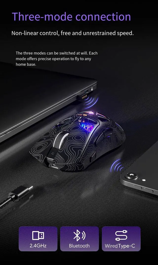 Alt view image 4 of 7 - G11 Wireless Gaming Mouse, Tri-Mode Bluetooth/2.4G/Wired Lightweight Mouse with PAW3311 Sensor, Honeycomb Shell RGB Gaming Mice,