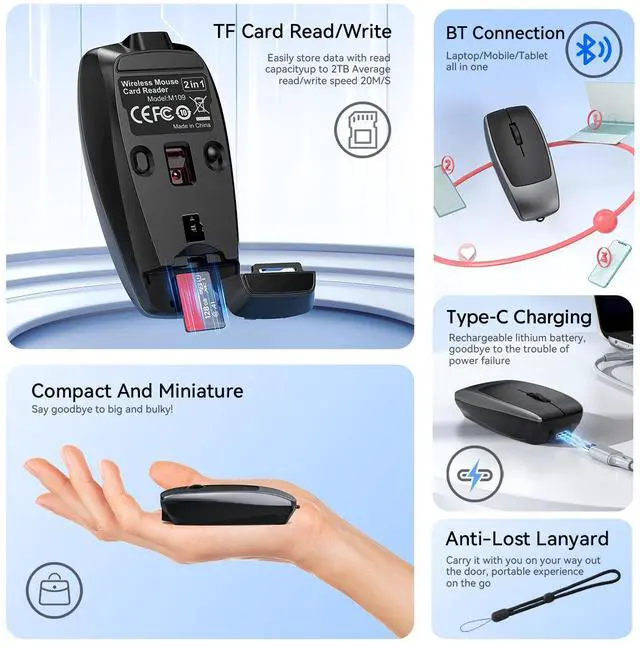 Alt view image 5 of 7 - M109 Bluetooth Wireless Mouse with TF Card Reader, 2TB Storage Expansion Portable Mouse, Multi-System Compatible Computer Mouse for Laptop PC Tablet