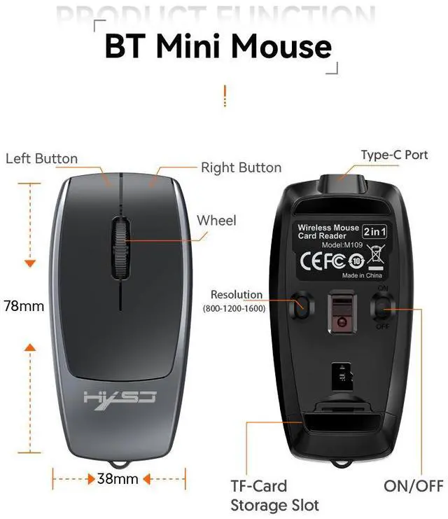 Alt view image 2 of 7 - M109 Portable Bluetooth Wireless Mouse with TF Card Reader, Silent Travel Mouse for Business Trips, Compact Rechargeable Computer Mouse