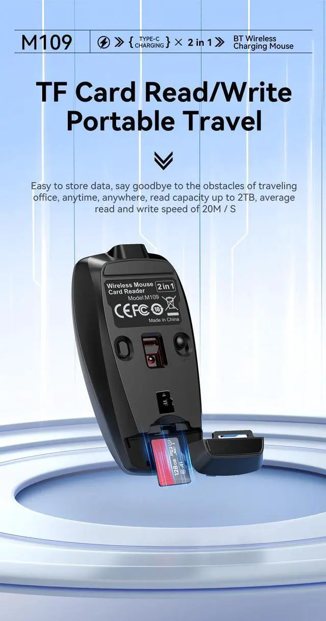 Alt view image 4 of 7 - M109 Portable Bluetooth Wireless Mouse with TF Card Reader, Silent Travel Mouse for Business Trips, Compact Rechargeable Computer Mouse