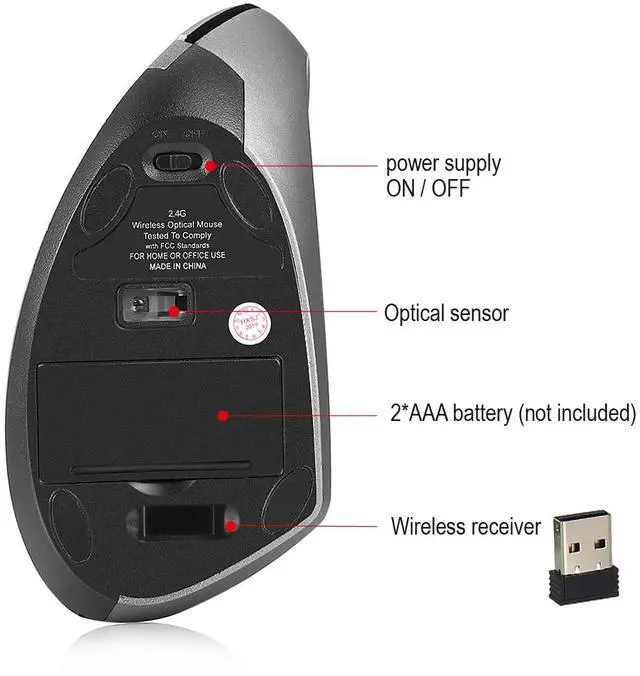Alt view image 6 of 6 - Wireless Vertical Ergonomic Mouse, 2.4GHz Computer Mouse with Comfortable Wrist Support Design, Portable Office Mouse grey