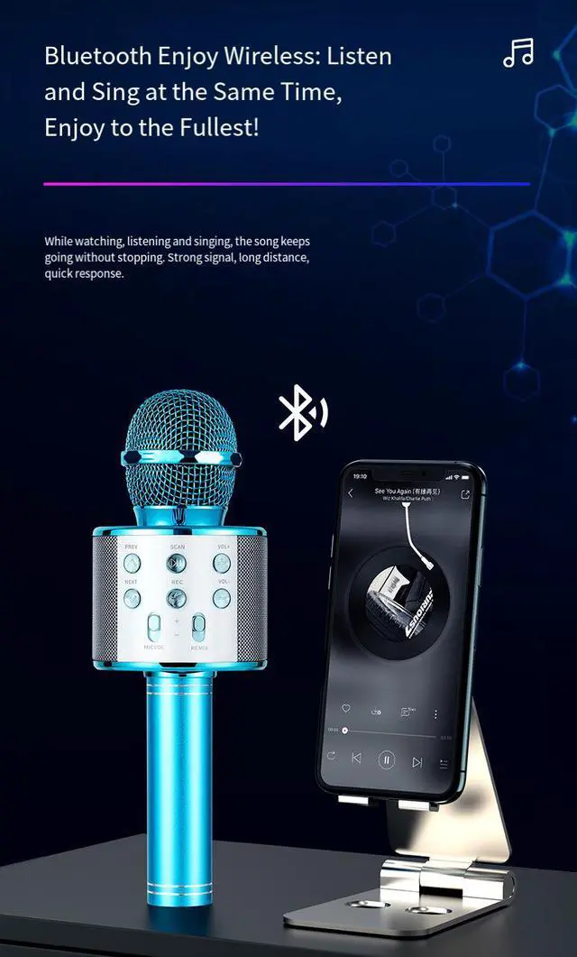 Alt view image 3 of 7 - Wireless Karaoke Microphone with Bluetooth Speaker, Portable Condenser Microphone KTV Machine, All-in-One Karaoke Speaker for Kids Family Party Singing (Blue)