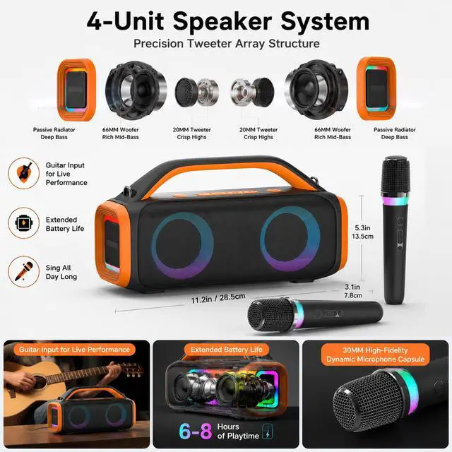 Alt view image 4 of 6 - 30W Portable Bluetooth Speaker, Dual 3-Inch Stereo Outdoor Speaker with Powerful Bass, Handle Carry Karaoke Speaker for Party Camping Home Entertainment