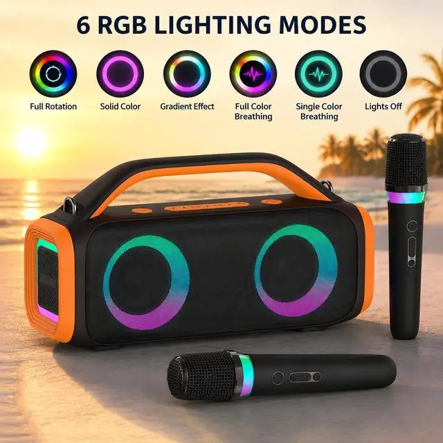Alt view image 3 of 6 - 30W Portable Bluetooth Speaker, Dual 3-Inch Stereo Outdoor Speaker with Powerful Bass, Handle Carry Karaoke Speaker for Party Camping Home Entertainment