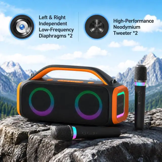 Alt view image 5 of 6 - 30W Portable Bluetooth Speaker, Dual 3-Inch Stereo Outdoor Speaker with Powerful Bass, Handle Carry Karaoke Speaker for Party Camping Home Entertainment