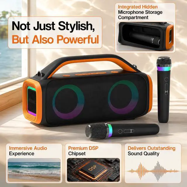 Alt view image 6 of 6 - 30W Portable Bluetooth Speaker, Dual 3-Inch Stereo Outdoor Speaker with Powerful Bass, Handle Carry Karaoke Speaker for Party Camping Home Entertainment