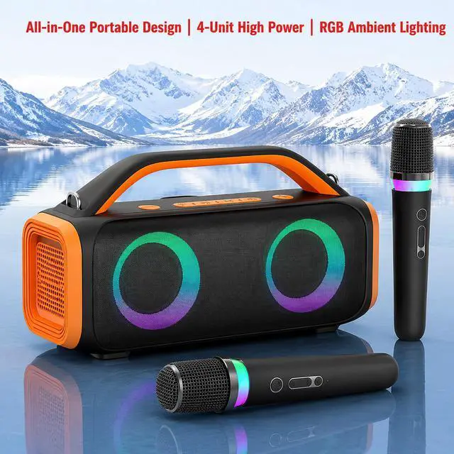 Alt view image 2 of 6 - 30W Portable Bluetooth Speaker, Dual 3-Inch Stereo Outdoor Speaker with Powerful Bass, Handle Carry Karaoke Speaker for Party Camping Home Entertainment