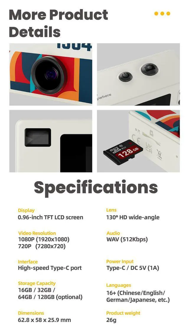 Alt view image 7 of 7 - Mini Digital Camera , Portable Pocket Camera with Photo and Video Recording, Small Student Camera for Travel Outdoor Sports (32G card + USB card reader) yellow