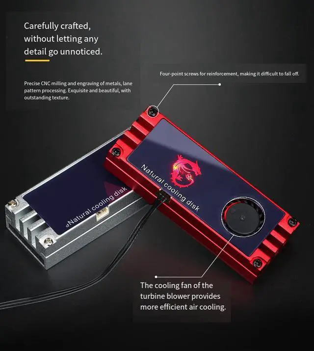 Alt view image 7 of 7 - M.2 SSD Cooler with Turbo Fan, NVMe Heatsink with Thermal Pad for M.2 Solid State Drive, Active Cooling Solution for PCIe SSD Gaming PC (Red)